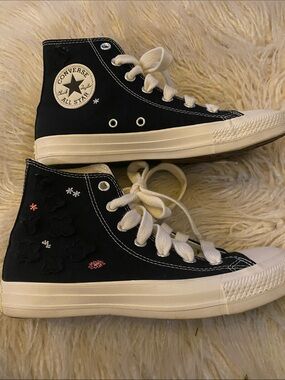 Converse Black High-Top Sneakers with Embroidered Floral Accents